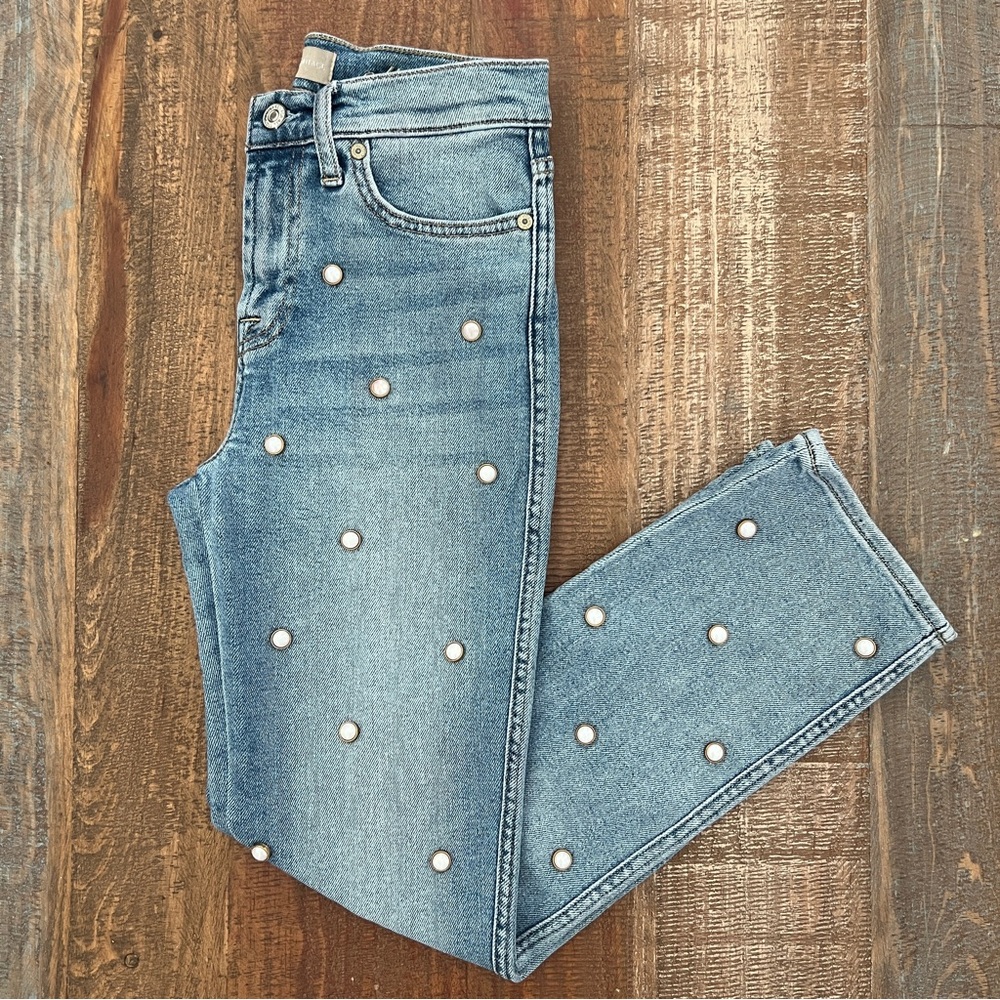 7 For All Mankind Women’s Luxe Vintage Edie Light Blue Pearl Studded Jeans 26